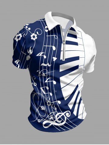 Plus Size Piano Music Symbol Print Hawaii Zipper Polo Shirt For Men - DEEP BLUE - XS