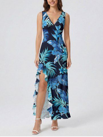 Robe hawaïenne à imprimé floral tropical et à volants fendue - DEEP BLUE - S