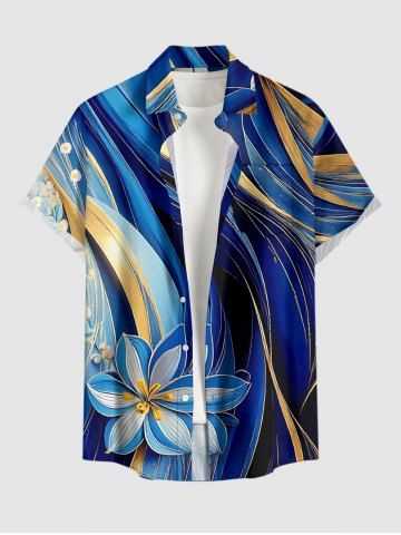 Plus Size Flower Curve Print Hawaii Button Pocket Shirt For Men - BLUE - S