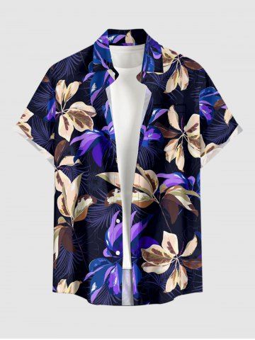 Plus Size Flower Tropical Leaf Print Hawaii Button Pocket Shirt For Men - PURPLE - 6XL