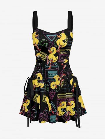 Funny Duck Radio Tape Print Hawaii Lace Up A Line Dress - BLACK - M