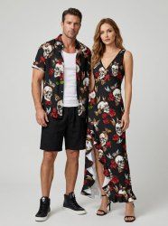 Ensemble assorti pour couples avec imprimé têtes de mort, papillons et fleurs - Noir 