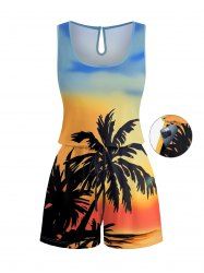 Coconut Tree Ombre Colorblock Print Cinched Hawaii Romper -  