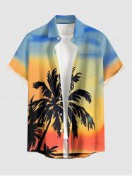 Coconut Tree Ombre Colorblock Print Buttons Pocket Hawaii Shirt For Men - Orange M
