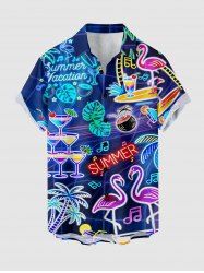 Plus Size Flamingo Fruit Juice Coconut Tree Print Buttons Pocket Hawaii Shirt For Men - Bleu profond M