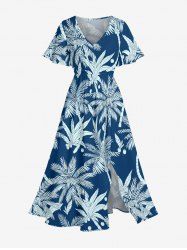 Robe mi-longue hawaïenne fendue à imprimé cocotier grande taille - Paon Bleu 1X