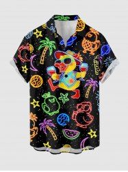 Chemise hawaïenne grande taille pour homme, à boutons et poche, avec imprimé galaxie, étoiles, cocotiers, canards et pastèque. Motif : galaxie, étoiles, cocotiers et pastèque. - Noir 4XL