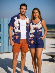 Matching Hawaii Shirt and Romper Beach Outfit Flower Butterfly Print For Couples -  