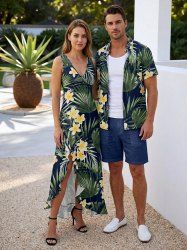 Flower Tropical Leaf Print Matching Hawaii Beach Outfit For Couples -  