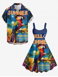 Ensemble de plage hawaïen assorti grande taille à imprimé paysage marin et perroquets pour couples - Bleu profond 