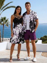 Flowers Leaf Print Plus Size Matching Hawaii Beach Outfit For Couples -  