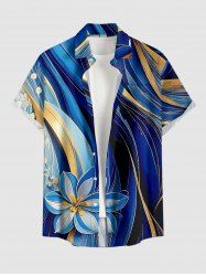 Flower Curve Print Hawaii Button Pocket Shirt For Men -  