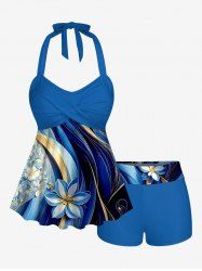 Flower Curve Print Hawaii Twist Halter Boyleg Tankini Swimsuit - Bleu M