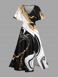 Two Tone Curve Print Hawaii Split Pocket A Line Midi Dress - Noir 1X