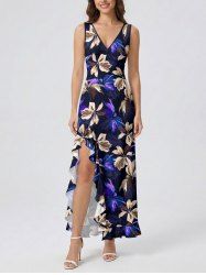 Flower Tropical Leaf Print Hawaii Ruffles Split Dress - Pourpre  XL