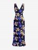 Flower Tropical Leaf Print Hawaii Ruffles Split Dress - Pourpre  S
