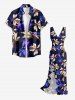 Flower Tropical Leaf Print Hawaii Ruffles Split Dress - Pourpre  M
