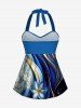 Flower Curve Print Hawaii Twist Halter Boyleg Tankini Swimsuit - Bleu M