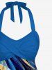 Flower Curve Print Hawaii Twist Halter Boyleg Tankini Swimsuit - Bleu M