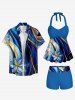 Flower Curve Print Hawaii Twist Halter Boyleg Tankini Swimsuit - Bleu M
