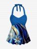 Flower Curve Print Hawaii Twist Halter Boyleg Tankini Swimsuit - Bleu M