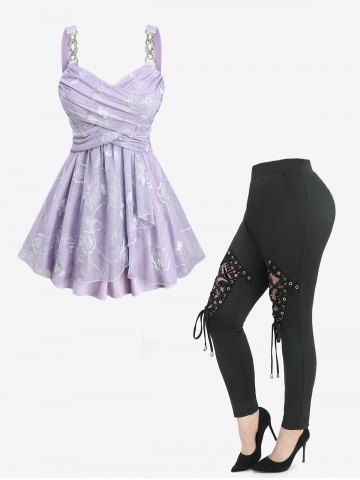 Flower Print Embroidery Surplice Tank Top and Lace Up Flocking Leggings Plus Size Outfit - PURPLE