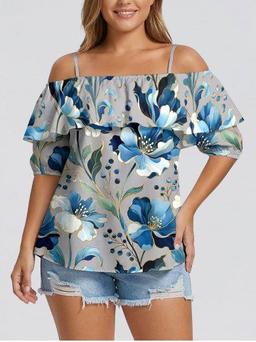Blouse hawaïenne grande taille à imprimé floral et feuilles, épaules dénudées et volants, style hawaïen - DARK GRAY - 5XL