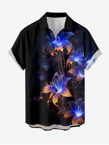 Plus Size Flower Glitter 3D Print Buttons Pocket Hawaii Shirt For Men - BLACK - S