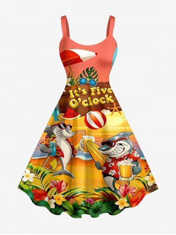 Robe débardeur hawaïenne grande taille à imprimé hibiscus, requins, jus de fruits et pastèque - ORANGE - 6X
