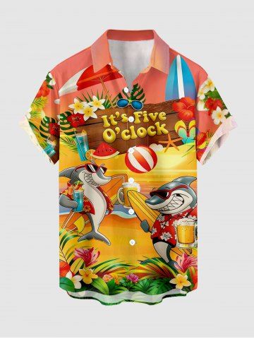 Chemise hawaïenne grande taille pour homme, à boutons et poches, avec imprimé hibiscus, requins, jus de fruits et pastèque. Motifs : fleurs d'hibiscus, requins et pastèque. - ORANGE - 5XL