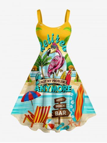 Plus Size Flamingo Coconut Tree Umbrella Starfish Print Hawaii Tank Dress - YELLOW - XXS