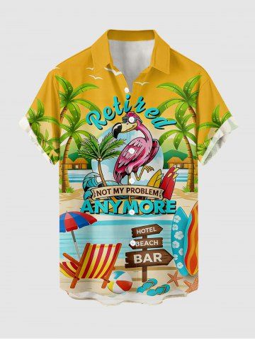 Plus Size Flamingo Coconut Tree Umbrella Starfish Print Buttons Pocket Hawaii Shirt For Men - YELLOW - 4XL