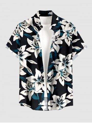 Plus Size Flowers Leaf Print Buttons Pocket Hawaii Shirt For Men - BLACK - 4XL
