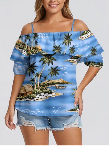 Blouse grande taille à imprimé cocotier, plage et hawaïenne, épaules dénudées et volants - SKY BLUE - 3XL