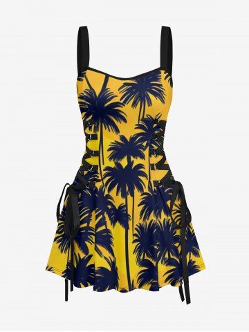 Coconut Tree Print Hawaii Lace Up A Line Dress - YELLOW - XXL