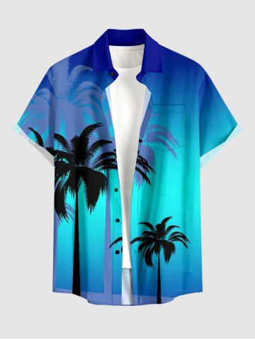 Plus Size Coconut Tree Ombre Print Buttons Pocket Hawaii Shirt For Men - BLUE - M