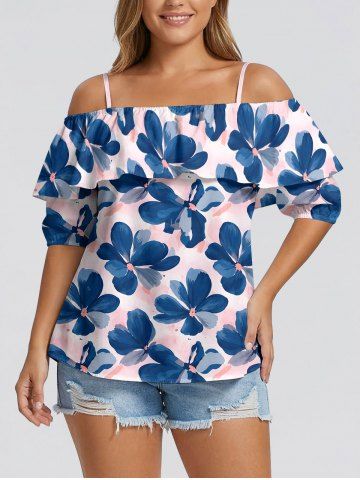 Blouse hawaïenne à imprimé floral aquarelle grande taille, épaules dénudées et volants, style aquarelle - PINK - 4XL