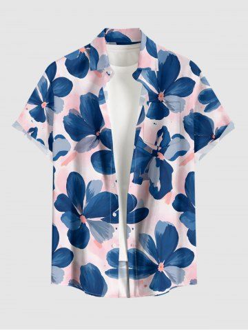 Plus Size Flowers Watercolor Print Buttons Pocket Hawaii Shirt For Men - PINK - 6XL