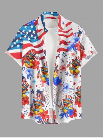 Plus Size Patriotic American Flag Duck Fireworks Print Hawaii Button Pocket Shirt For Men - RED - 3XL