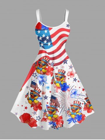 Plus Size Patriotic American Flag Duck Fireworks Print Hawaii A Line Dress - RED - 1X