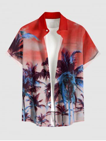 Plus Size Coconut Tree Ombre Sky Print Hawaii Button Pocket Shirt For Men - RED - 5XL