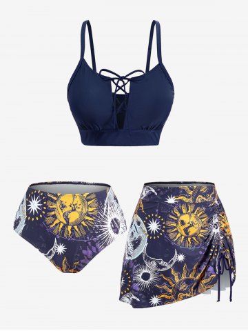 Plus Size Sun Moon Star Planet Print Cinched Lace Up Three Piece Tankini Swimsuit (Adjustable Shoulder Strap) - DEEP BLUE - 2X | US 18-20