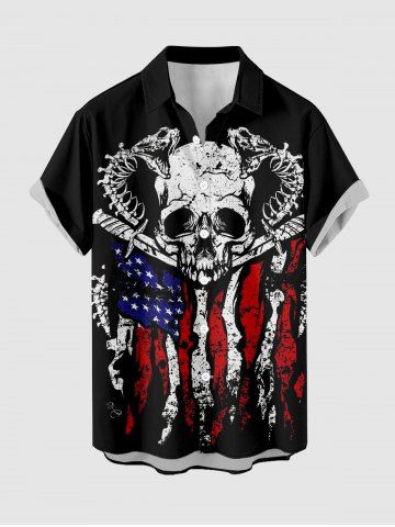 Plus Size Skull Snake Patriotic American Flag Print Button Pocket Shirt For Men - BLACK - 5XL