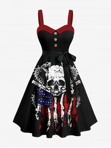 Plus Size Skull Snake Patriotic American Flag Print Button A Line Dress with Removable Belt - BLACK - M