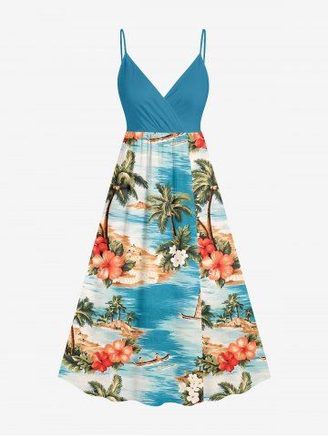 Plus Size Coconut Tree Sea Hibiscus Flower Print Hawaii Surplice A Line Cami Dress - SKY BLUE - 6X