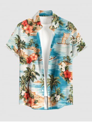 Plus Size Coconut Tree Sea Hibiscus Flower Print Hawaii Button Pocket Shirt For Men - SKY BLUE - 6XL