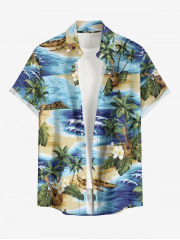 Plus Size Coconut Tree Sea Tropical Leaf Hibiscus Flower Print Hawaii Button Pocket Shirt For Men - BLUE - S