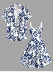 Ensemble de plage hawaïen assorti grande taille à imprimé couronne et crâne et fleurs pour couples - Bleu profond 