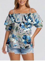 Blouse hawaïenne grande taille à imprimé floral et feuilles, épaules dénudées et volants, style hawaïen - Gris Foncé 2XL