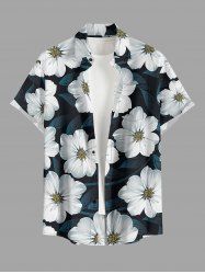 Chemise hawaïenne grande taille à imprimé floral et feuilles, boutons et poche pour homme - Paon Bleu M